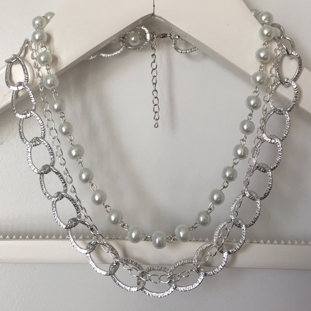 Pearl & chain link layered necklace SILVER
